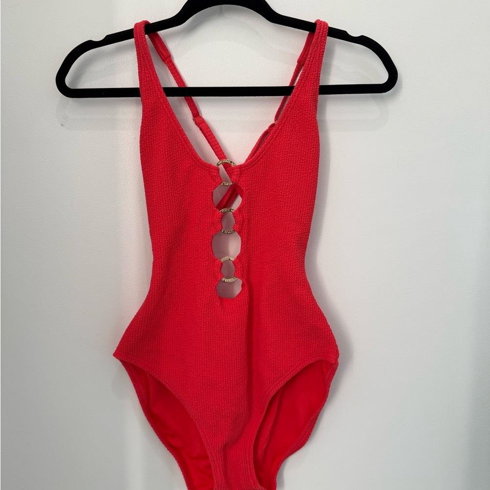 Michael Kors Vibrant Red One-Piece with Gold Ring Cutouts